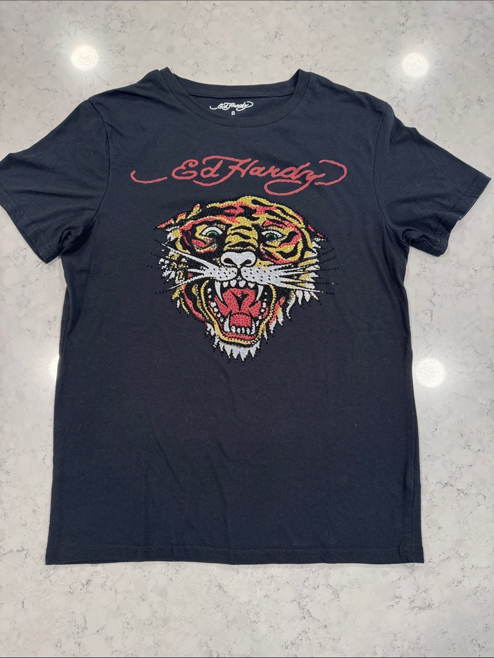 Ed Hardy Women's Small Bedazzled Tiger Head Print T-Shirt Graphic Tee Bling Y2K